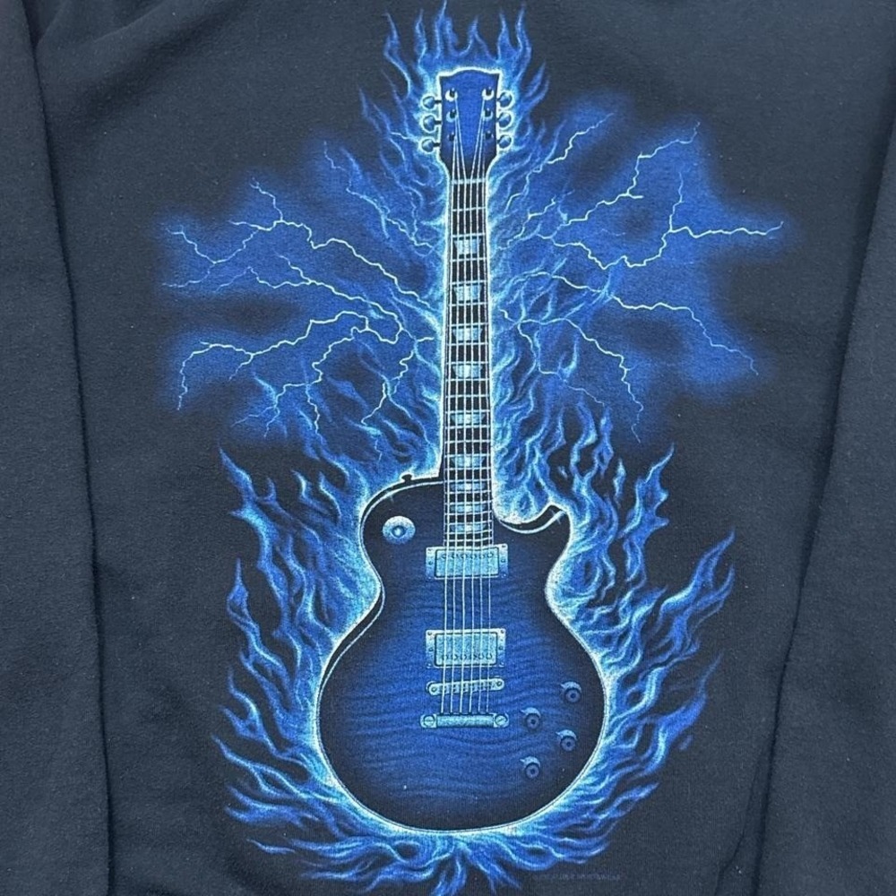 Jerzees Guitar Lightning Flames Blue Logo Pullover Hoodie Men's Medium - Picture 7 of 7